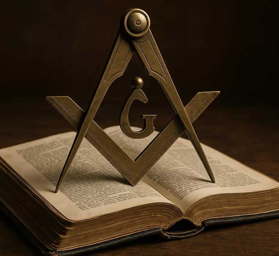 Equerre, compas, volume de la Loi sacrée, symbole maçonnique, franc-maçon, rite maçonnique